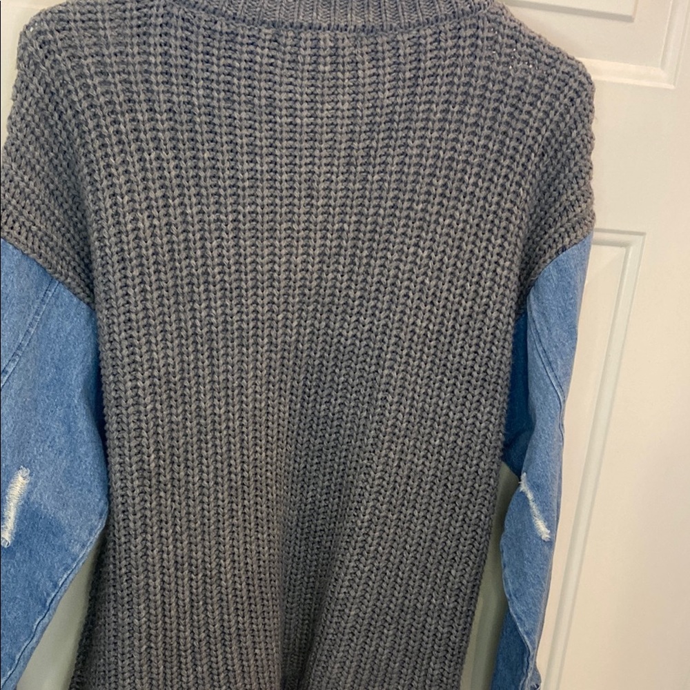 Say What? Size Large Gray Knit Sweater Top with Denim Sleeves - Picture 7 of 9